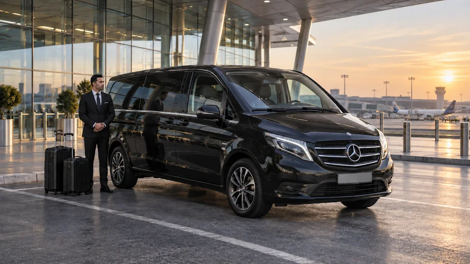Havalimanı terminalinde şoförlü VIP minibüs ve valizler — temsili görsel