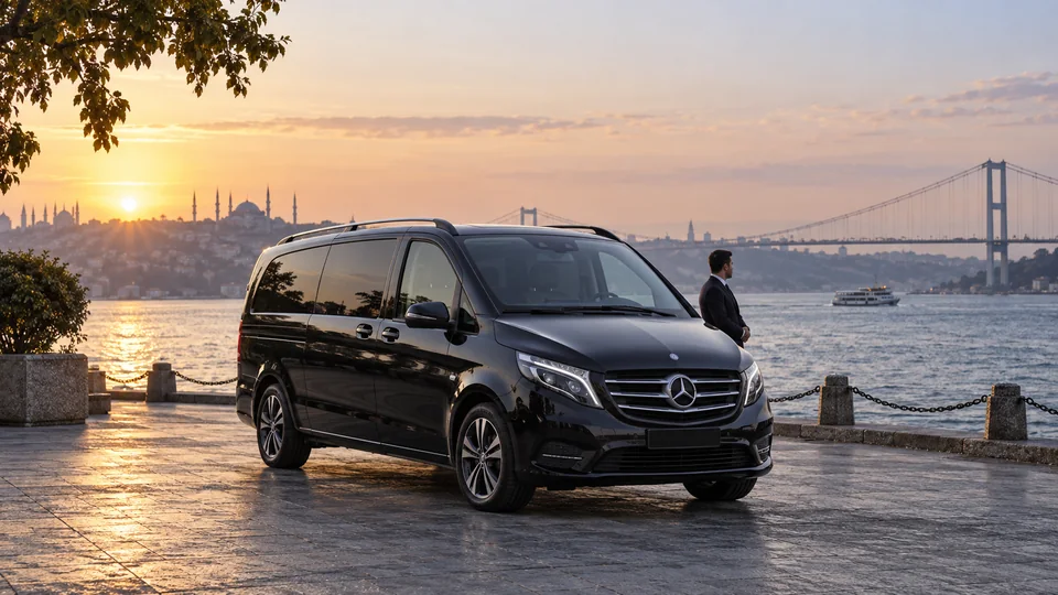 İstanbul Boğazı kıyısında şoförlü siyah Mercedes Vito — temsili görsel